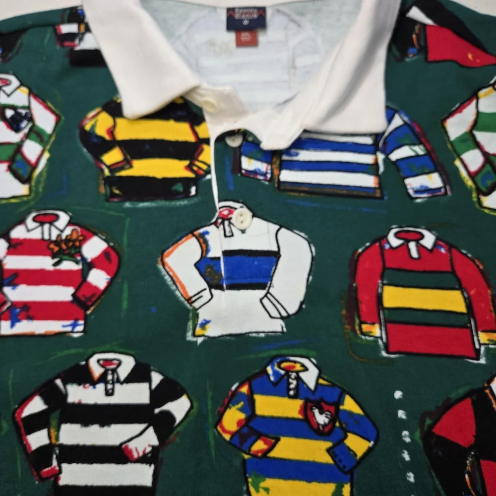Rowing Blazers Rugby All Over Print Green Polo Shirt Top Size 2XL